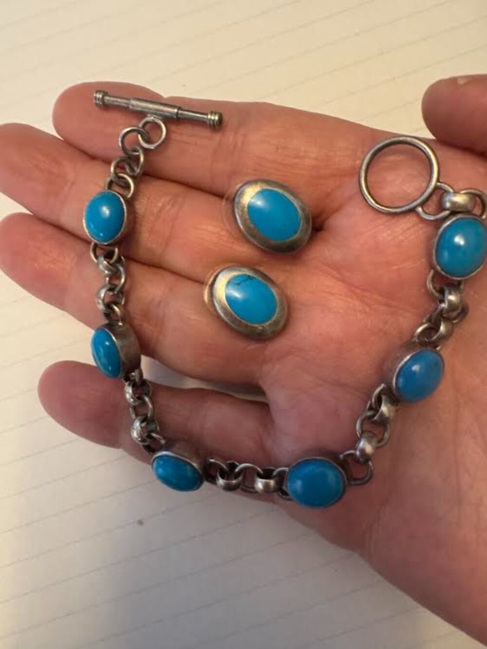 Silver and Turquoise Bracelet with earrings marked 925 Mexico